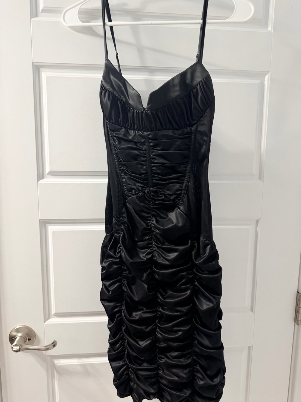 bebe Black Ruched Satin Midi Dress with Spaghetti Straps